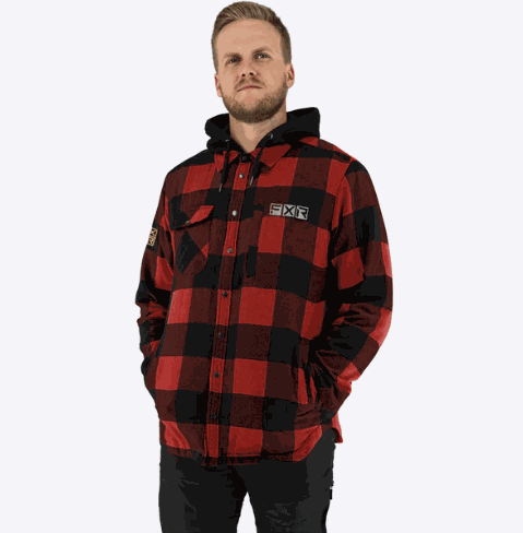 man wearing FXR Racing unisex Timber insulated flannel jacket in red and black plaid with hood and pockets