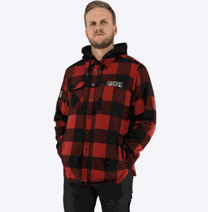 man wearing FXR Racing unisex Timber insulated flannel jacket in red and black plaid with hood and pockets