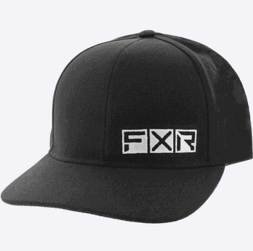Black FXR VICTORY HAT 23 with curved brim and embroidered logos, featuring a cotton snap-back design.