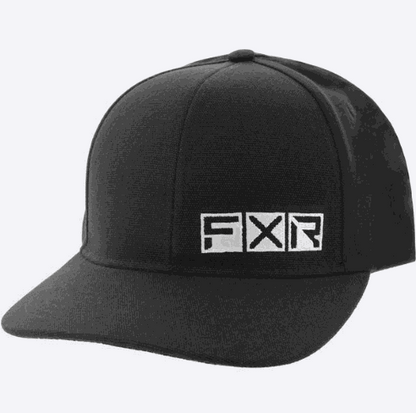 Black FXR VICTORY HAT 23 with curved brim and embroidered logos, featuring a cotton snap-back design.