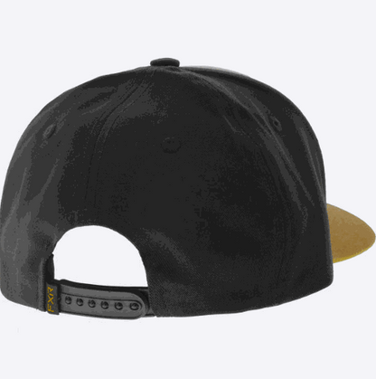 FXR VICTORY HAT 23, black cotton snap-back hat with curved brim and embroidered logos.