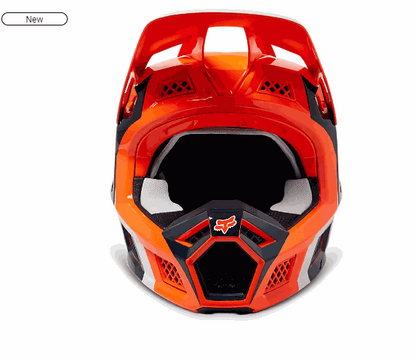 Front view of FOX RACING V3 RS motocross helmet in red and orange with MIPS and MVRS safety features