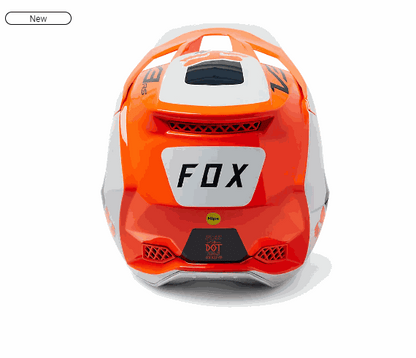 Rear view of orange and white FOX RACING V3 RS motocross helmet with MIPS and MVRS safety features