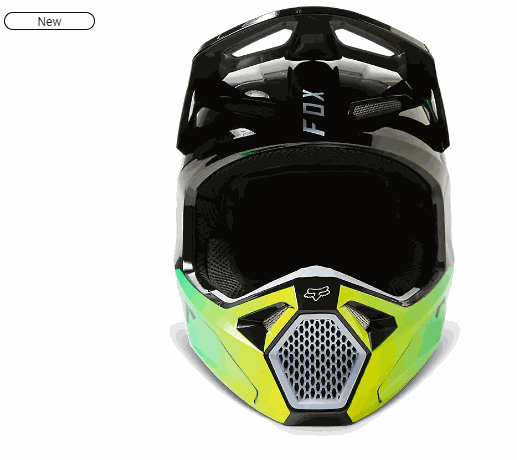 Front view of FOX RACING V1 DPTH helmet in black and neon green with ventilation and visor features