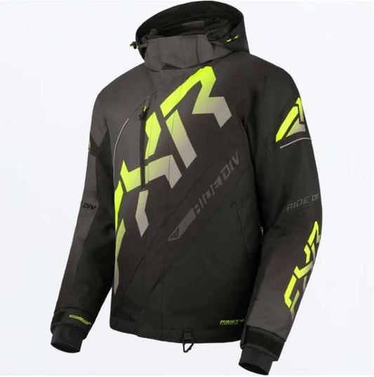Black and neon yellow FXR Racing Men's CX Jacket 24 with HydrX Pro waterproof shell and removable hood