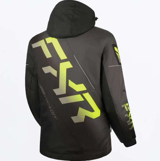 FXR Racing Men's CX Jacket 24 black with neon yellow graphic, HydrX Pro waterproof shell, removable hood, and reflective details.