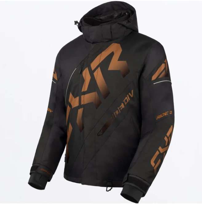 FXR Racing Men's CX Jacket 24 black with brown logo, waterproof and insulated winter jacket with adjustable hood and reflective detailing