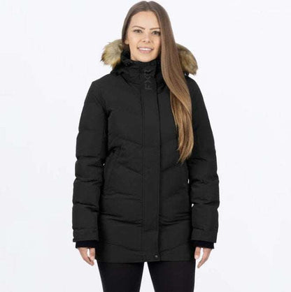 FXR RACING Women's Sage Jacket in black with a detachable fur-trim hood.
