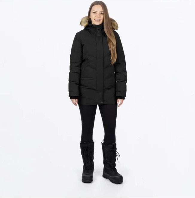 FXR RACING Women's Sage Jacket 24 with detachable fur hood and zippered hand pockets.