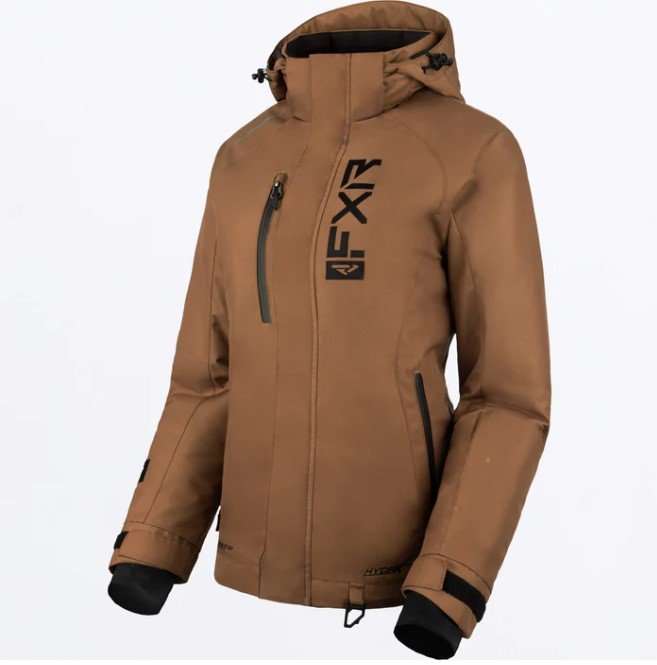 FXR RACING WOMEN'S FRESH JACKET 23 in brown with HydrX™ laminate, adjustable hood, and reflective prints.