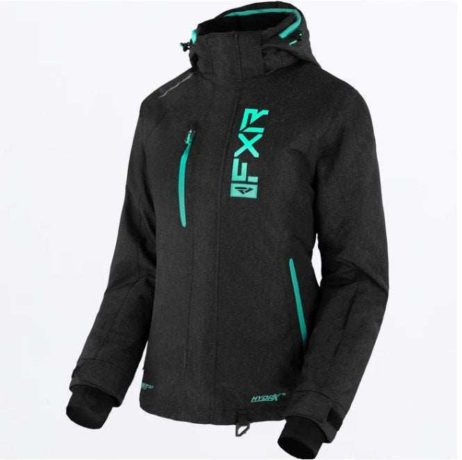 FXR Racing Women's Fresh Jacket 23 in black with teal accents, featuring HydrX™ laminate, adjustable hood, and reflective prints.