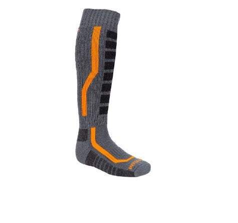 KLIM AGGRESSOR SOCK 2.0 in gray with orange accents, featuring reinforced toe, heel, and sole, over-the-calf design.