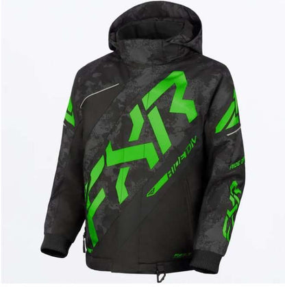FXR RACING CHILD CX JACKET in black with green accents, featuring a durable HydrX™ shell, 360° 3M™ Scotchlite™ reflective, and removable hood.