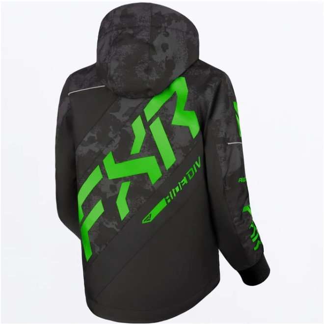 FXR RACING CHILD CX JACKET, black and green design, with removable hood and reflective detailing.