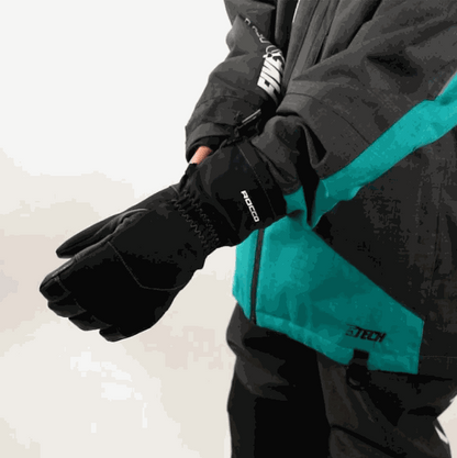 509 Youth Rocco Insulated Gloves being worn, showcasing durable design and snow-blocking gauntlets.
