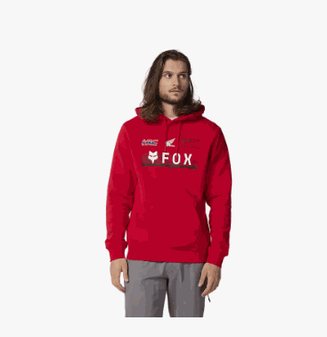 Red FOX X Honda Pullover Hoodie with logos, heavyweight fleece, and drawstring hood.