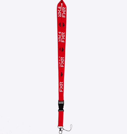 Red FXR RACING Lanyard 24 with secure clip and motorsport branding, ideal for keys or ID.