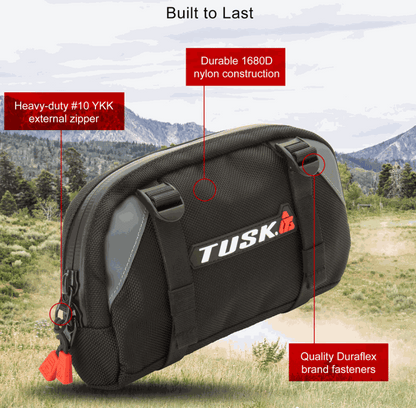 Tusk Handlebar Bag made of durable 1680D nylon with heavy-duty #10 YKK zipper and Duraflex fasteners for secure motorcycle storage.