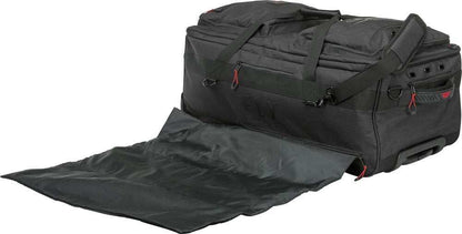 Black FLY Racing luggage roller bag with extendable mud mat and shoulder strap