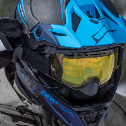 509 Aviator 2.0 XL Ignite Goggle with heated yellow lens, worn by person in winter helmet.