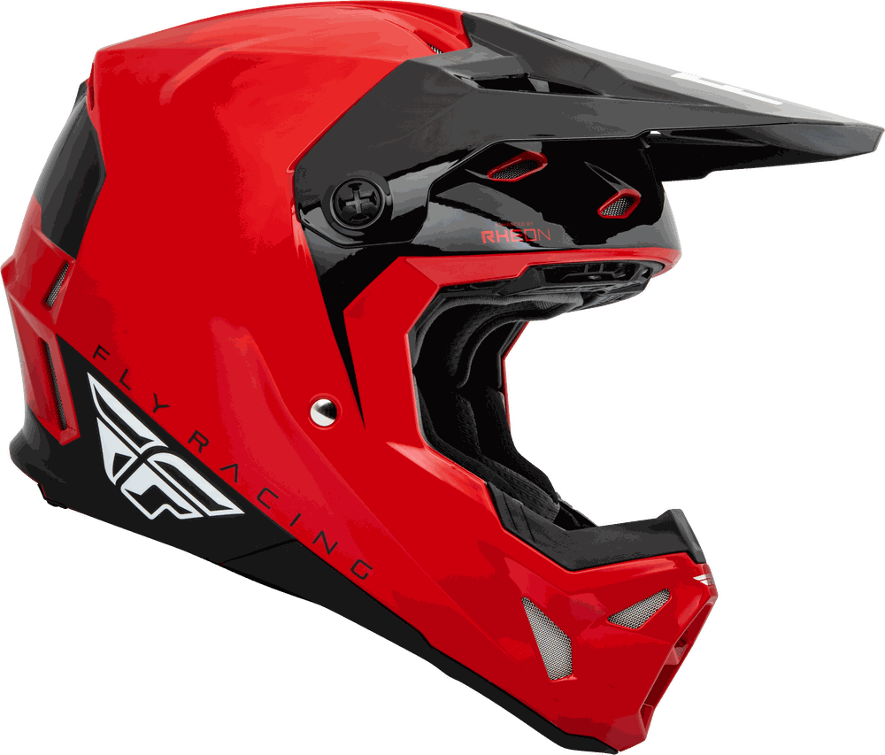 FLY RACING FORMULA CP SLANT HELMET in red with black visor, featuring aerodynamic design and advanced safety features like Adaptive Impact System.