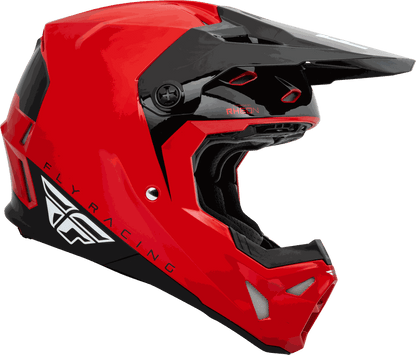 FLY RACING FORMULA CP SLANT HELMET in red with black visor, featuring aerodynamic design and advanced safety features like Adaptive Impact System.