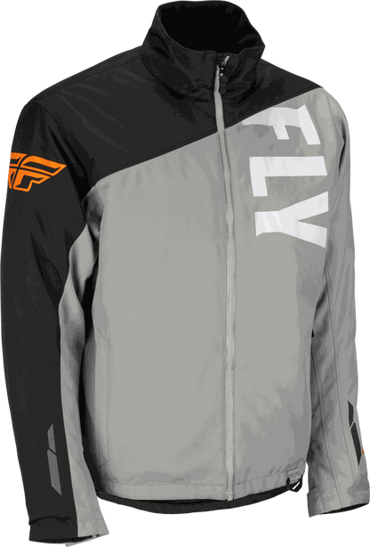 Fly Racing Aurora Jacket in gray and black with weatherproof, windproof, and insulated features for outdoor protection and comfort.