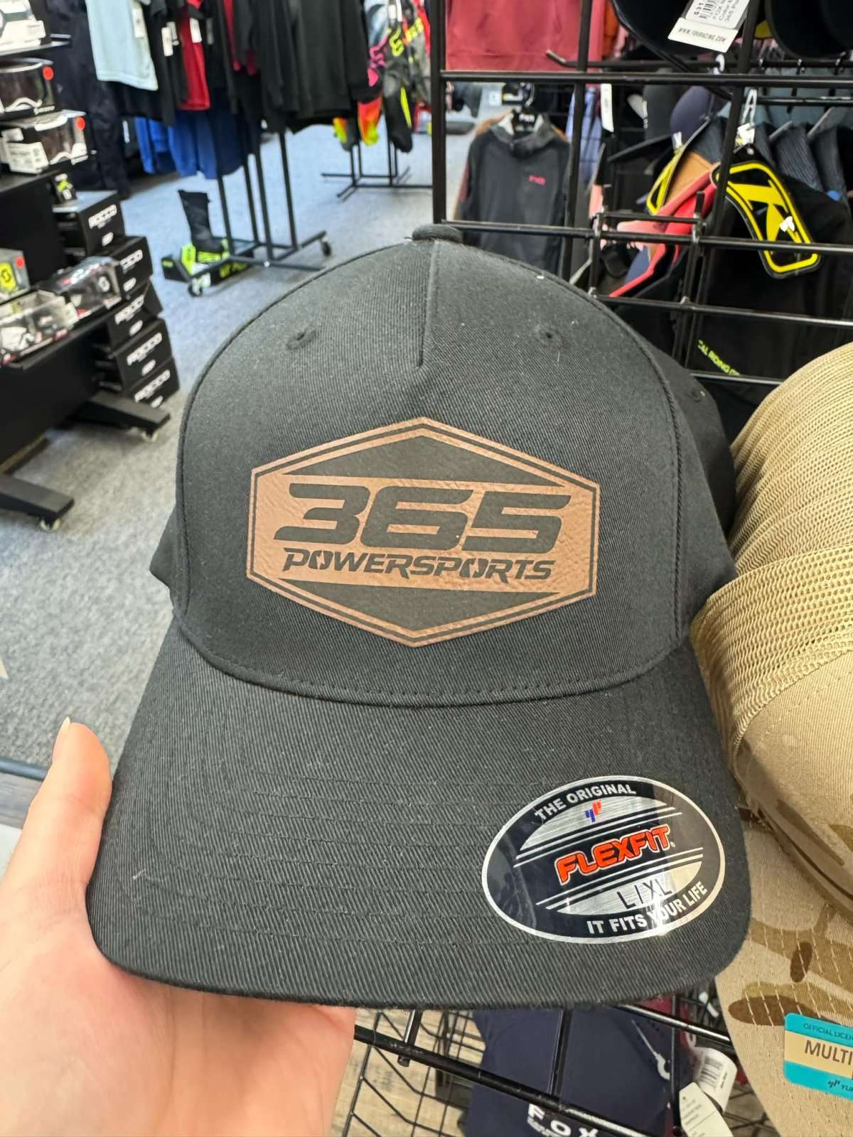 365 Powersports Flexfit mesh-back cap with leather patch design.