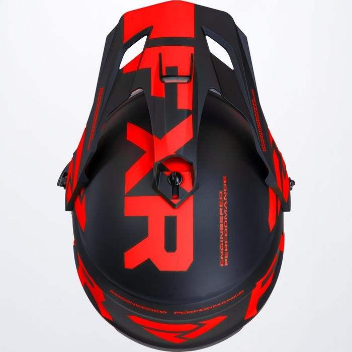 Top view of FXR Torque X Team Helmet in black and red with aerodynamic shell and integrated sun shade features