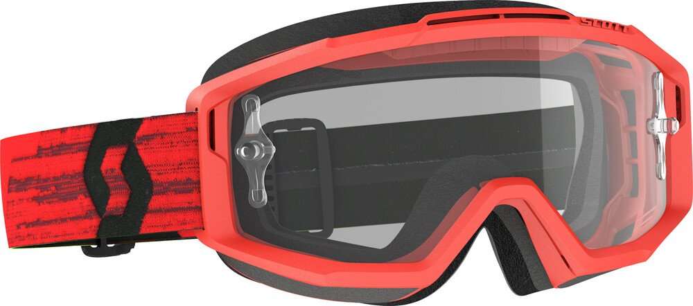 SCOTT Split OTG Goggle with red frame, clear lens, 3-layer face foam, silicone lined strap, and active frame venting system