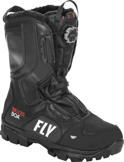 Black FLY RACING MARKER BOA BOOT with breathable waterproof Hydroguard, thermal insulation, BOA dial closure, and durable rubber sole for extreme terrain.