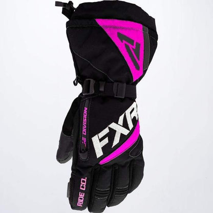 FXR RACING Women's Fusion Glove, black and pink, featuring durable nylon shell, HydrX Pro waterproof membrane, and reflective detailing.