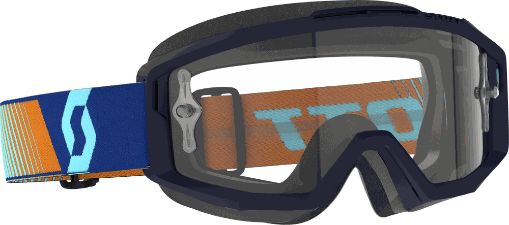 SCOTT Split OTG Goggle with dark frame, clear lens, blue-orange silicone lined strap, 3-layer face foam, and active air venting.