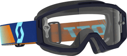 SCOTT Split OTG Goggle with dark frame, clear lens, blue-orange silicone lined strap, 3-layer face foam, and active air venting.