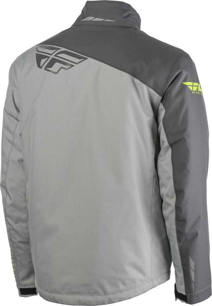 Back view of a gray and dark gray FLY RACING AURORA JACKET with weatherproof and insulated design features.