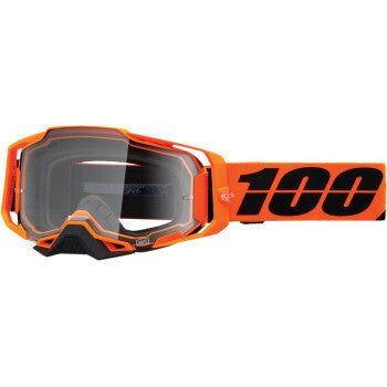 100% Armega goggle with ultra HD lens, shatter-resistant lens, quick-release system, durable dual-injection frame, ventilation ports, sweat management, wide grip strap, and removable nose guard.