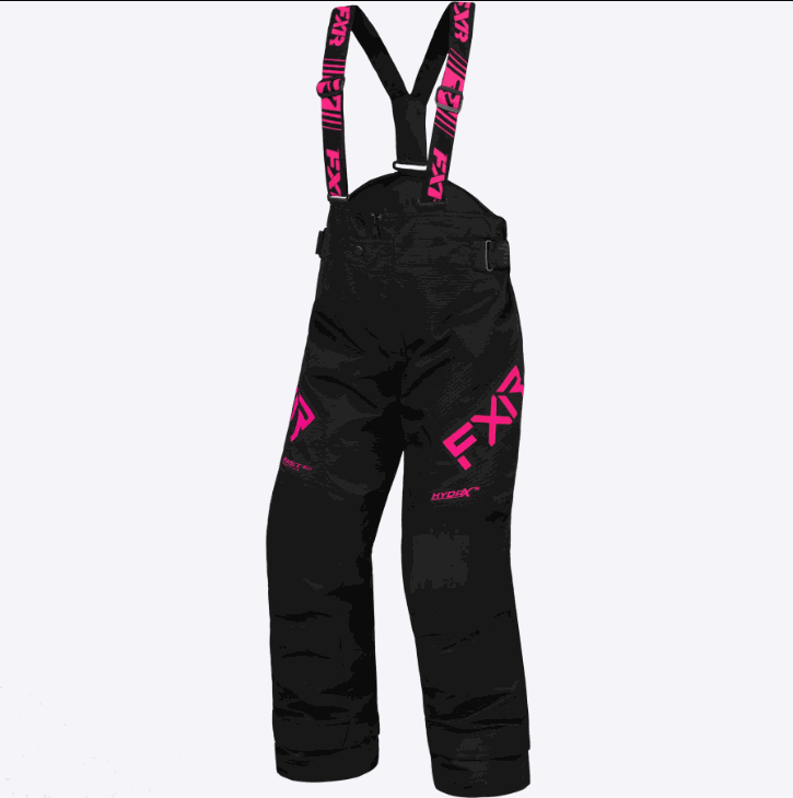 FXR RACING child clutch pant in black with pink logo and adjustable suspenders designed for warmth and durability