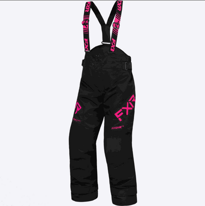 FXR RACING child clutch pant in black with pink logo and adjustable suspenders designed for warmth and durability