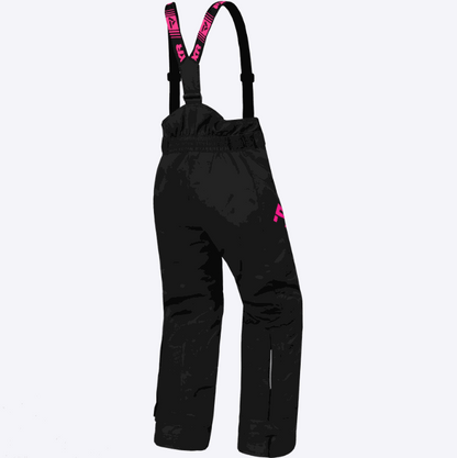 FXR RACING child clutch pant black with pink adjustable suspenders and durable insulated design