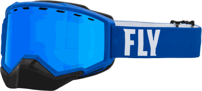 Fly Racing Focus Snow Goggle with blue lens, polyurethane frame, and adjustable strap.
