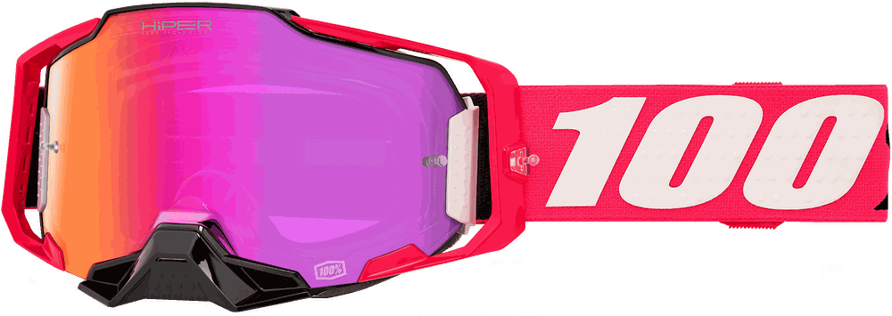 100 Armega Goggle with ultra HD purple-orange lens, durable red and black frame, quick-release system, wide grip strap, and removable nose guard.