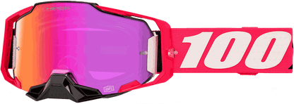 100 Armega Goggle with ultra HD purple-orange lens, durable red and black frame, quick-release system, wide grip strap, and removable nose guard.