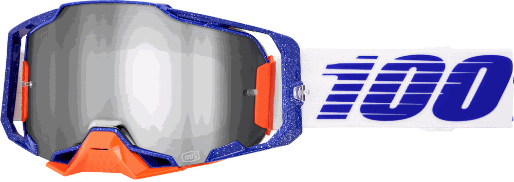 100 Armega Goggle with ultra HD lens, quick-release, impact-resistant lens, dual-injection frame, ventilation ports, triple-layer face foam, wide silicone strap, and removable nose guard