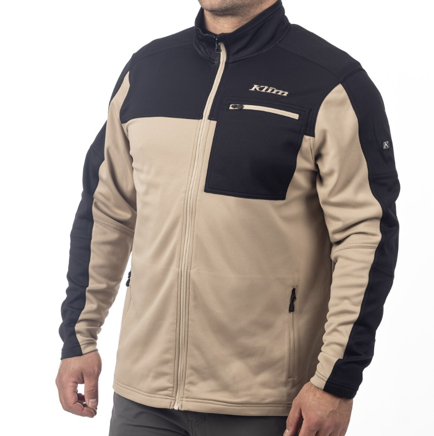 KLIM Glacier Jacket midweight stretch fleece with moisture-wicking, full-zip, and multiple zippered pockets in beige and black
