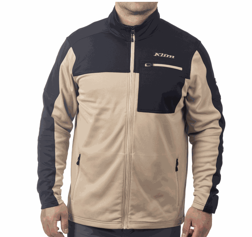 KLIM Glacier Jacket midweight stretch fleece with moisture-wicking, zip pockets, and roll-over chin guard in beige and black