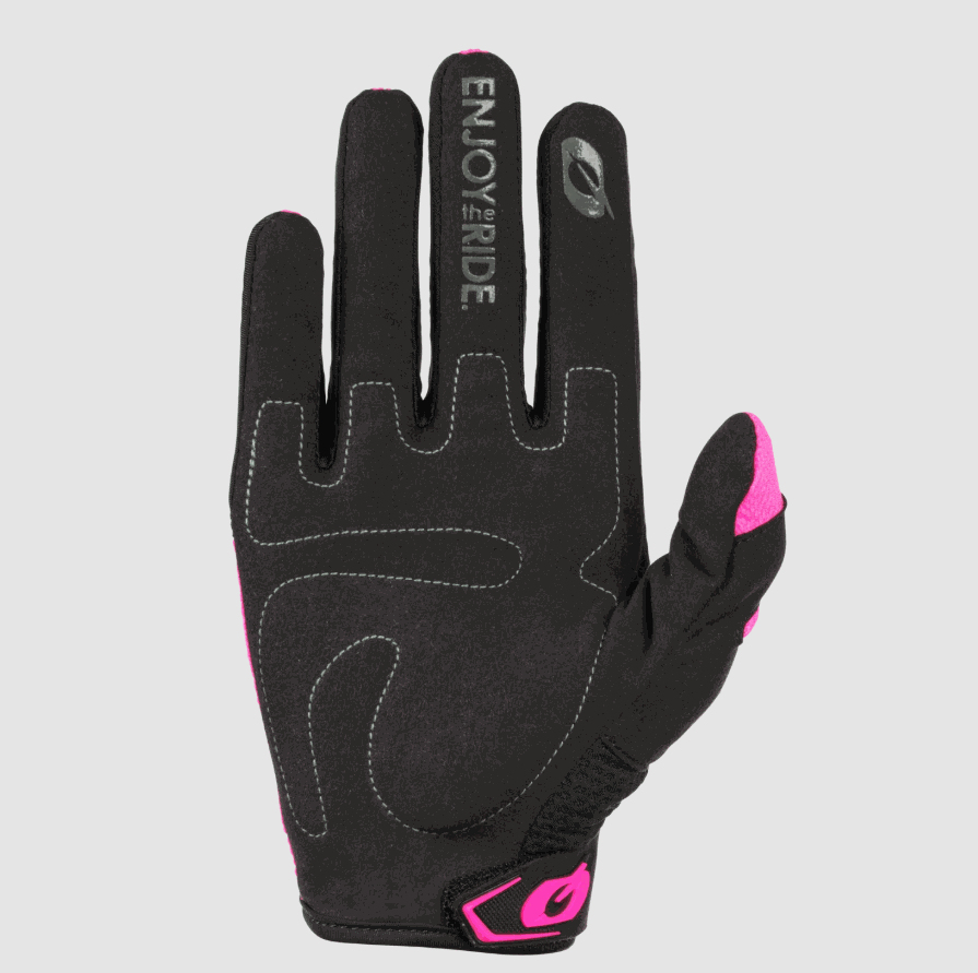 O'NEAL YOUTH ELEMENT racewear glove in black with pink accents, ergonomic padded palm and adjustable wrist strap
