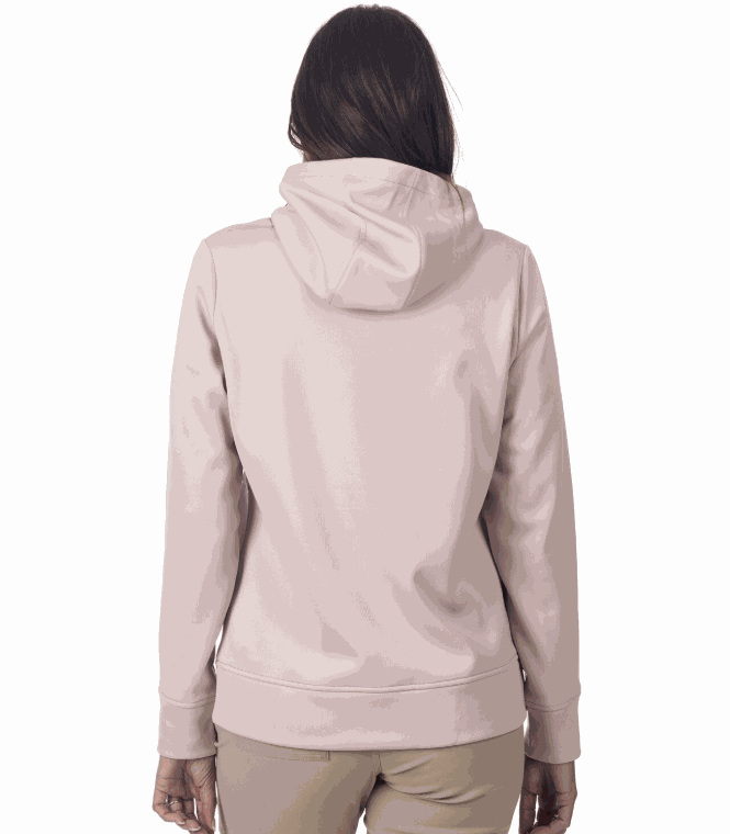Back view of KLIM Morley Pullover Hoodie in light beige with 3-panel hood and flat seam construction on woman