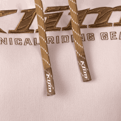 Close-up of KLIM Morley Pullover Hoodie showing brown drawcords and embroidered logo on polyester bonded fleece fabric
