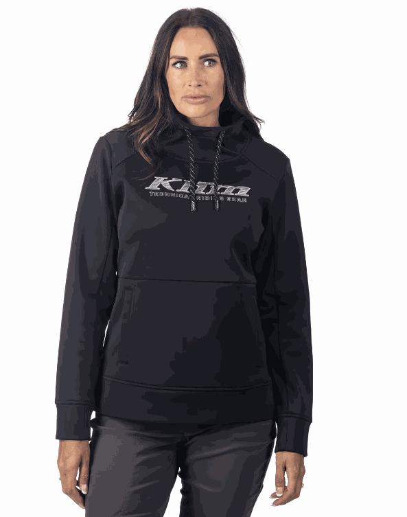 Woman wearing black KLIM Morley pullover hoodie with adjustable drawcord and front logo print