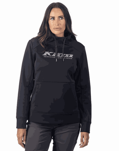 Woman wearing black KLIM Morley pullover hoodie with adjustable drawcord and front logo print